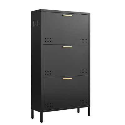 Tilt Out Shoe Cabinet, Classic Black High-Leg Flip Down Shoe Storage with Side Hooks, Heavy-Duty Carbon Steel Anti-Tip Multi-Layer Floor Standing Entryway Shoe Organizer