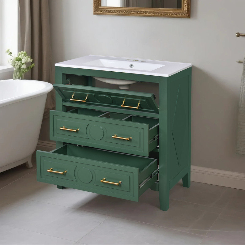 Meuble-lavabo noir élégant avec lavabo en céramique, Vert
