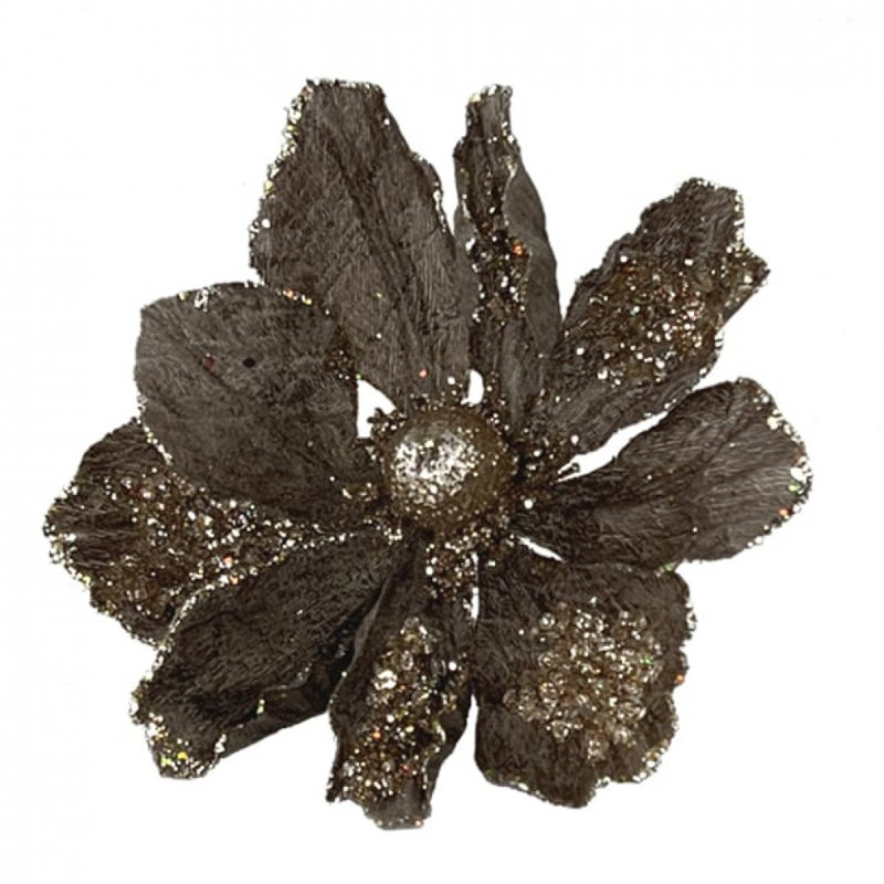 Tête de magnolia scintillante avec pince fleur artificielle, Brun