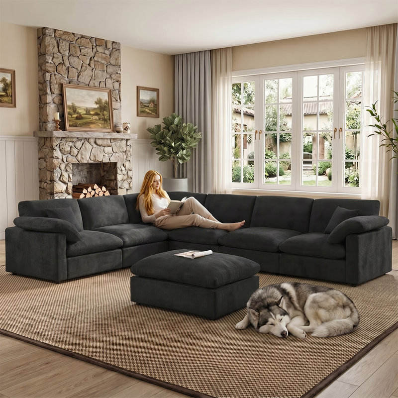 7 Piece 144" Chenille Sectional Sofa Oversized Modular Reversible Deep Seat Cloud Couch With Corner & Removable Ottoman