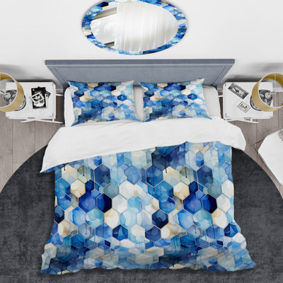 White and Blue Hexagons Dreams - Ensemble de housse de couette géométrique
