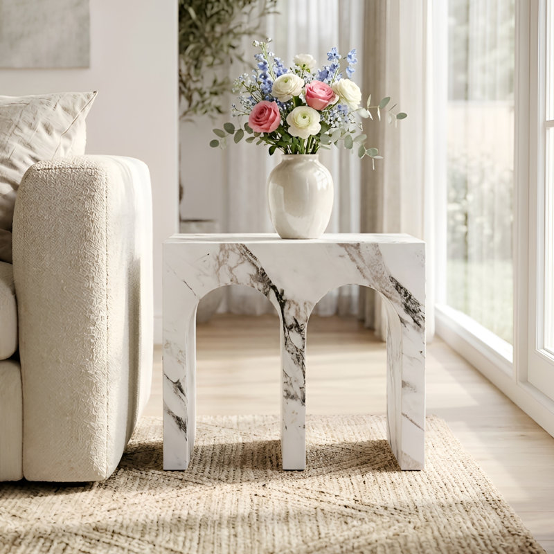 M-Shaped Faux Marble Side Table, Modern End Table For Living Room/Hallway, White
