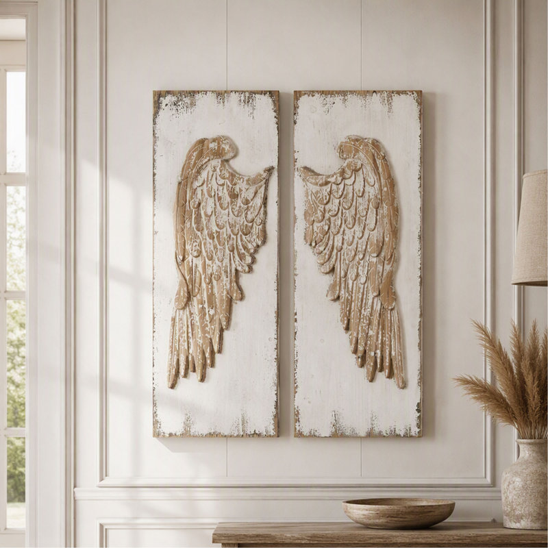 Panneaux muraux, ensemble de 2 ailes de plumes blanches vieillies 42 po x 15,5 po - Art mural