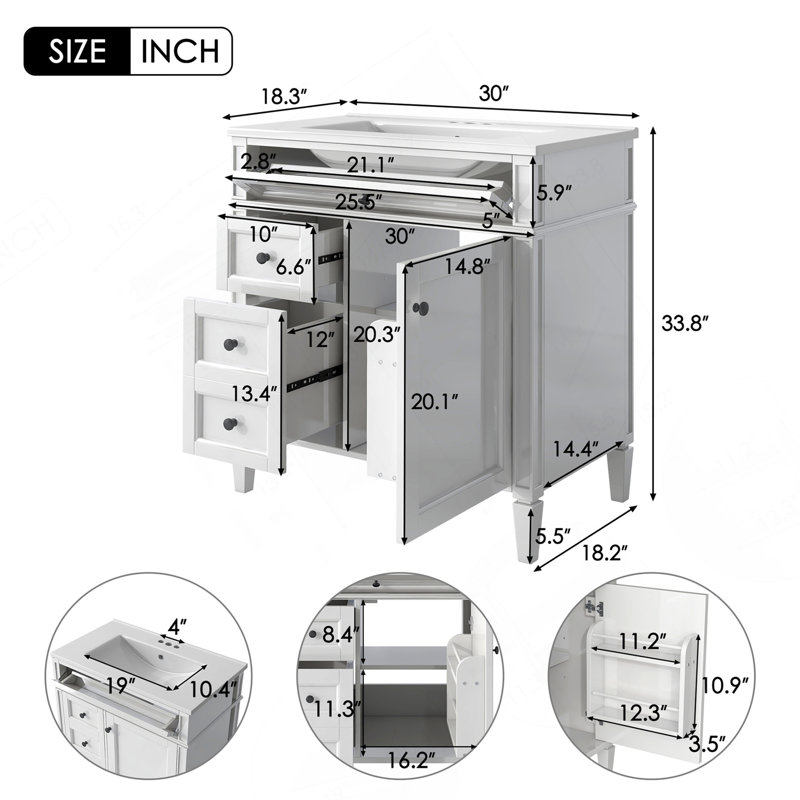 30'' Bathroom Vanity With Top Sink, Modern Bathroom Storage Cabinet With 2 Drawers And A Tip-Out Drawer, Single Sink Bathroom Vanity