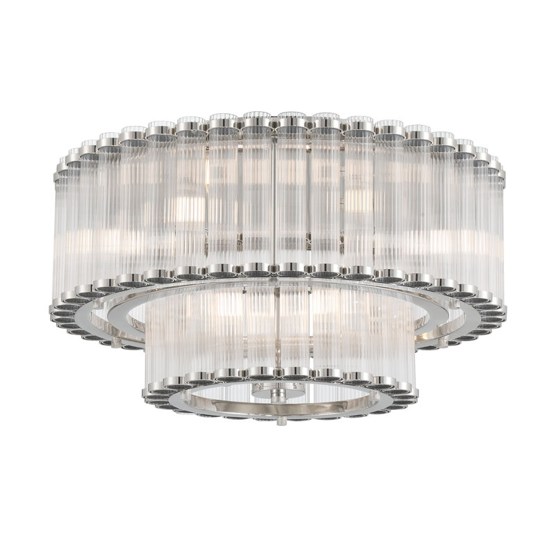 Plafonnier encastré, 9 lumières, 24 po, nickel poli, verre nervuré, Nickel poli
