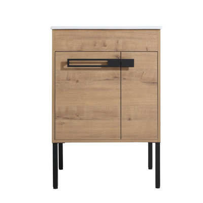 24" Bathroom Vanity Sink - Freestanding Or Floating Style Scratch- Ceramic Soft Closing Hinge Plywood Imitative Oak 24 Inches Option With Easy Cleaning Feature