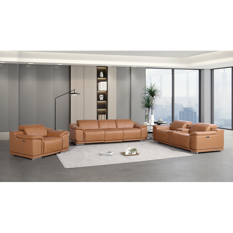 Vladimir 7-Piece Modular Power Reclining Sofa, Loveseat, And Chair Set – 6 Recliners, Top Grain Italian Leather, Cognac