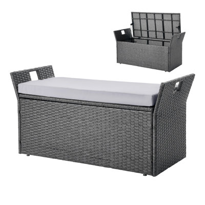 Outdoor Storage Bench, 2-Person PE Rattan Storage Bench, 40 Gal Deck Box With Cushion And Side Handle, Supports Up To 400 Lbs, Weatherproof Outdoor Seating And Porch Decor For Patio Garden Balcony