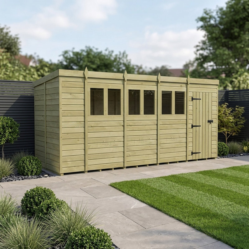 Total Sheds 18ft x 6ft Pent Garden Shed - Single Door - With Windows - Pressure Treated Timber - UK Manufactured