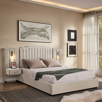 Queen Upholstered Platform Bed With Integrated Bedside Table, Velvet Vertical Stripe Headboard And Adjustable Reading Lamps.