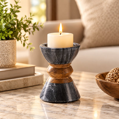 Handmade Black Marble & Acacia Wood Candleholder