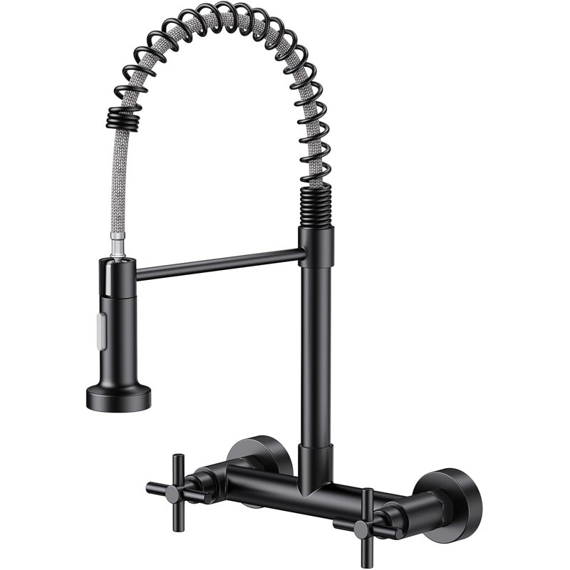 Double-Handle 2-Hole Wall-Mount Pre-Rinse Bridge Kitchen Faucet, Mattle Black
