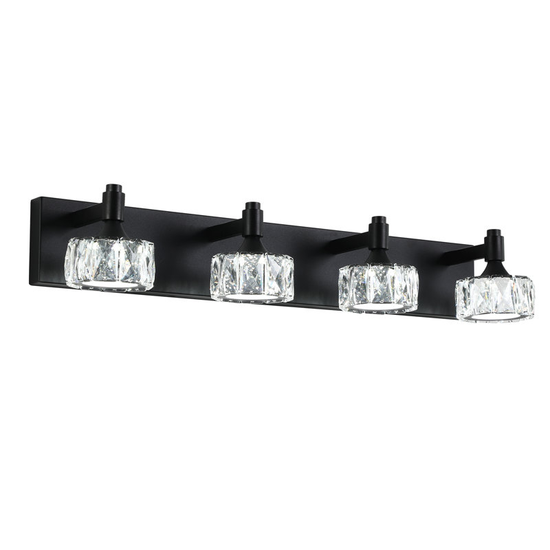  4-Light Matte Black Bathroom Vanity Light With Crystal Glass Shades, LED Wall Sconce Lighting For Bathroom Mirror