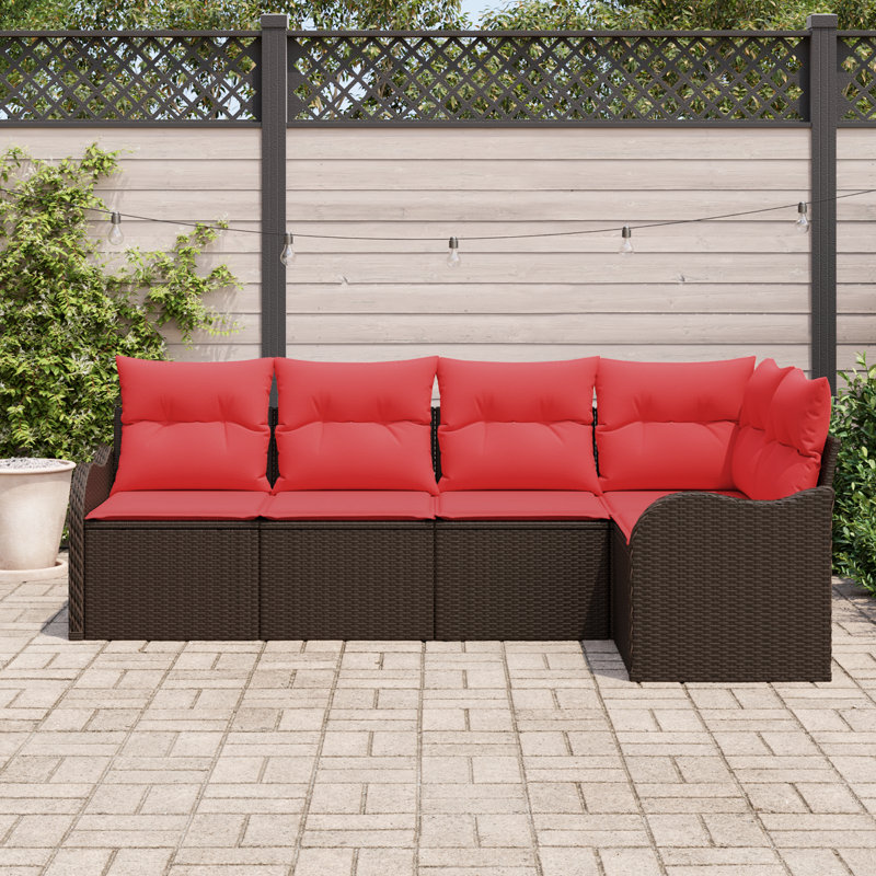 Ensemble de canapé de jardin vidaXL 5 pièces, Structure brune / coussin rouge