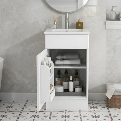 Meuble-lavabo de salle de bain avec lavabo en céramique, portes à fermeture douce, tablette de porte et tablettes réglables