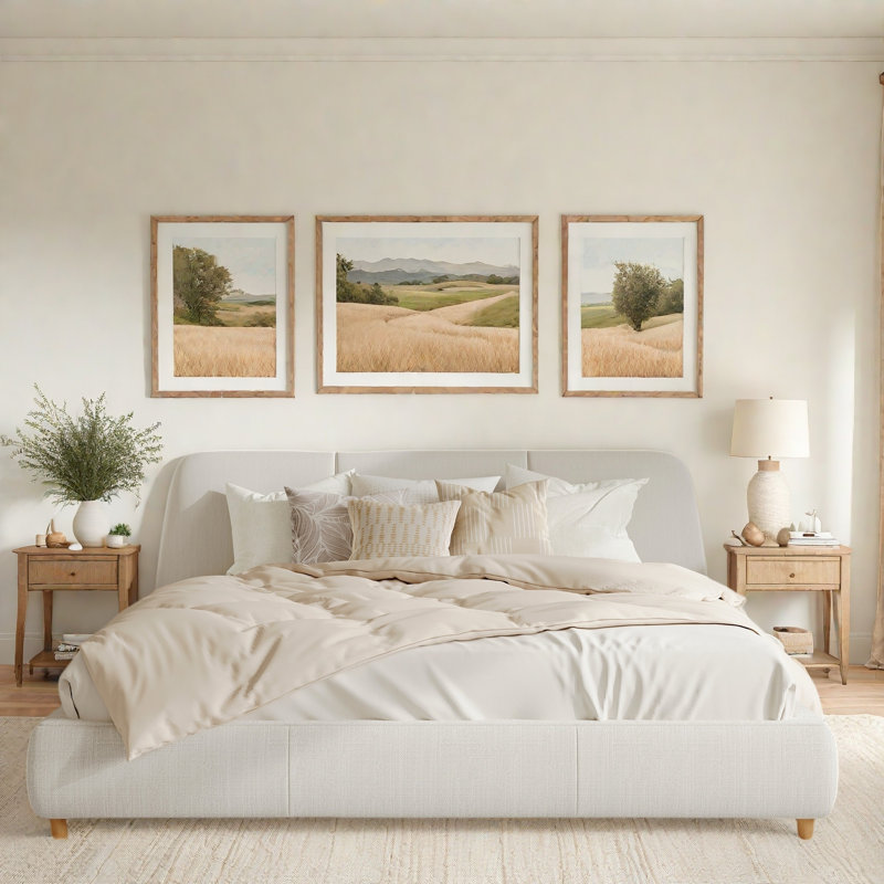 Lit rembourré moderne avec tête de lit confortable, conception encastrée et pieds en bois, Roi