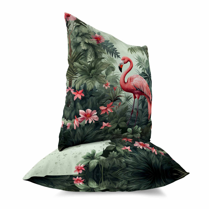 Coussin Tropical Flamingo Haven, H 16 po x l 16 po, Vert / rose
