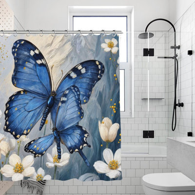 Blue Butterfly Floral Bathroom Shower Curtains 72 x 72 Inches Oil Painting Style Decor