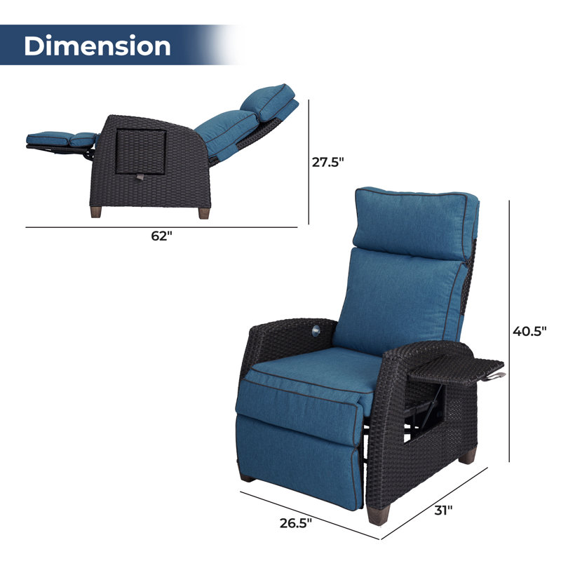 Fauteuil de patio inclinable avec coussins Moore, Bleu paon, Marron foncé