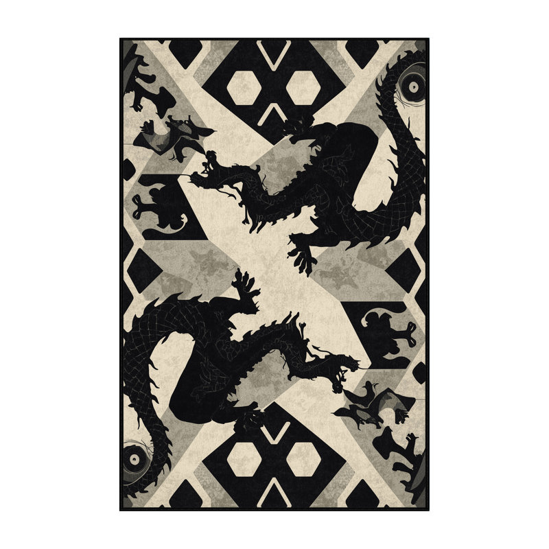 Tapis noir d'inspiration mondiale Pittman Dragons lavable à la machine - reliure noire, 2 x 3