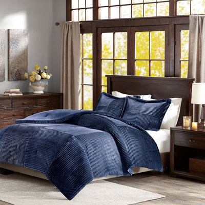 Full/Queen Bed Comforter In Navy - , Ribbed Design, Solid Reverse, Machine Washable, Comes With & 2 Shams Blue For Soft Top, Bottom, 1 And