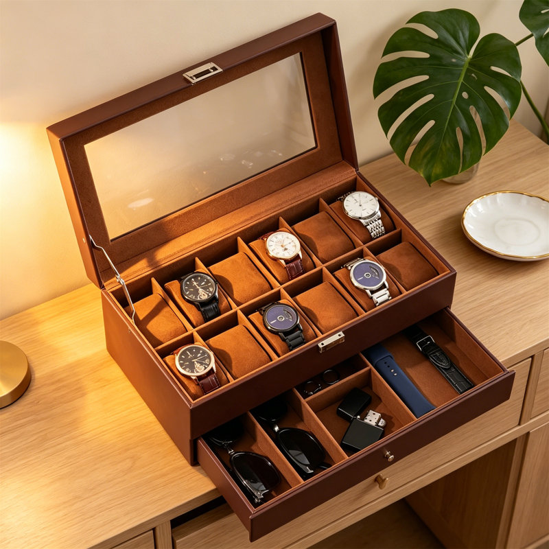 Watch Box, 12-Slot Watch Storage Case With Drawer, Watch Display Case With Glass Lid, 2-Layer Watch Holder Organizer, Jewelry & Watch Storage Box