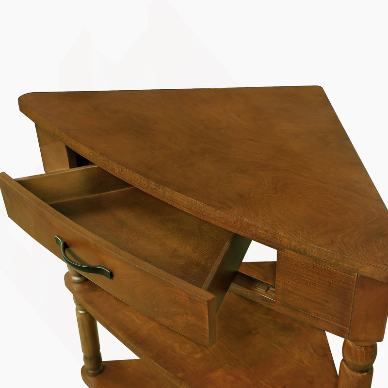 33.8'' Small Triangle Corner Table, Wood Corner Side Table For Small Spaces/ Living Room, 3 Tier End Corner Table With Solid Wood Legs, Brown