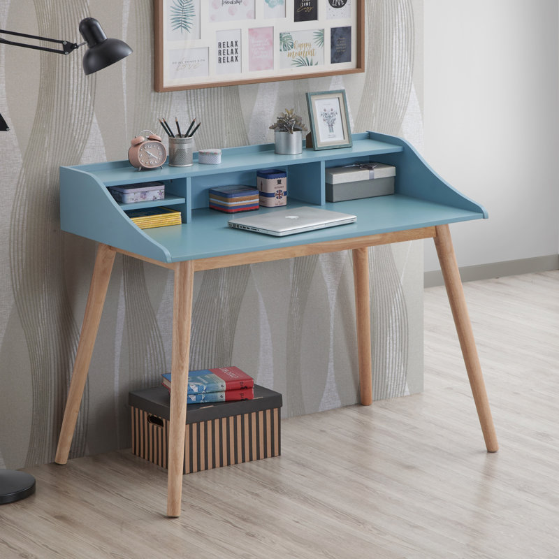 Bureau d'écriture avec huche Roskilde, H 36,7 po x l 43,28 po x P 24,55 po, Bleu / Naturel