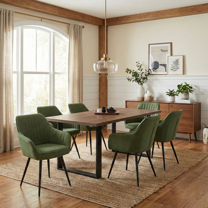 Bhagirath 31.5'' W 6-Person Rectangular Dining Set, Walnut, Green
