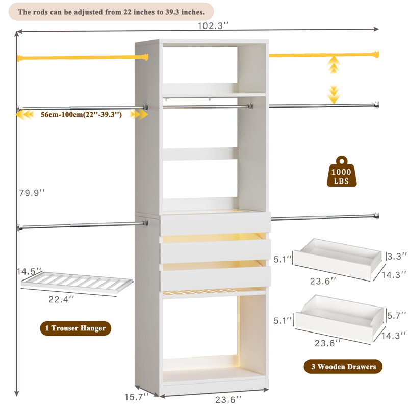 Organisateur de garde-robe 4 à 8 pi avec 3 tiroirs en bois et plateau en verre