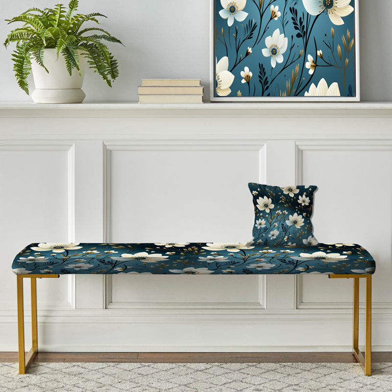 Ivory Coastal Elegance Floral Pattern II - Floral Upholstered Gold Bench