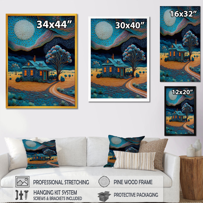 Little Blue Countryhouse Under A Full Moon - Meadow Canvas Wall Art, H 32 po x l 16 po x P 1 po, Cadre simple argenté