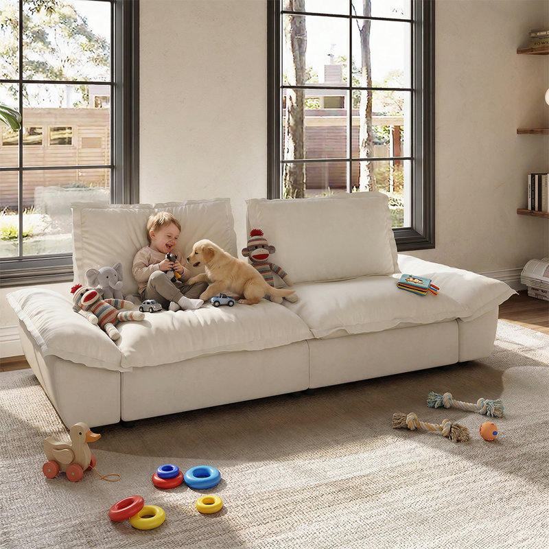 POVISON 104.33" Extra-Deep 3-Seater Sofa, Modular Cloud Couch with Independently Adjustable Backrest, Performance Stain-Resistant Suede, Beige