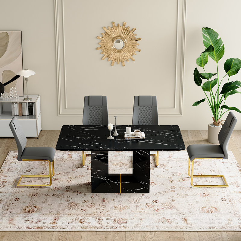 5-Piece Marble Dining Table Set, Black, Gray/Gold