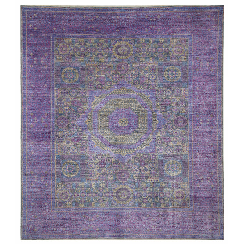 Tapis gris et mauve noué à la main de haute qualité