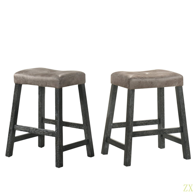 Rustic Backless Counter Stool Set Of 2 – 25 Inch Wooden Farmhouse Barstool With  Leather Seat, Distressed Finish & Sturdy Frame – Space-Saving Counter-Height Seating For Kitchen & Bar
