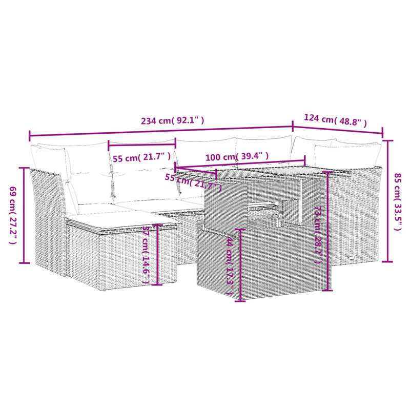  Ensemble de canapé de patio 7 pièces avec coussins en rotin de polyester gris, Gris, Marine