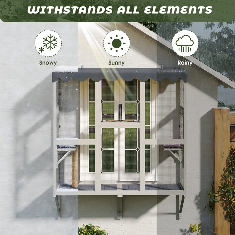 Window Cat Cage, 70.9" Tall Large Wooden Cat Enclosure With Multi-level Perches, Escape-proof Galvanized Mesh, Sturdy Tripod Base, Waterproof Top Cover For Indoor/outdoor Use, Dark Gray