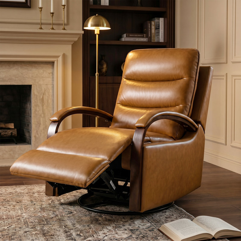 Azilda 29" Wide Genuine Leather Manual Swivel Rocking Standard Recliner, Camel Pebbled Top Grain Leather
