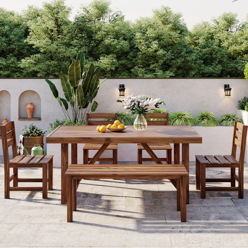 Mobilier d'extérieur en bois - Table, banc, chaises pour le divertissement dans la cour arrière, Brun