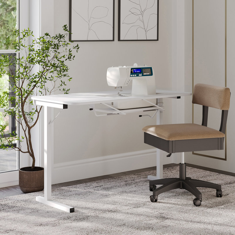 White Folding Sewing Table with Manual Lift and Steel Legs