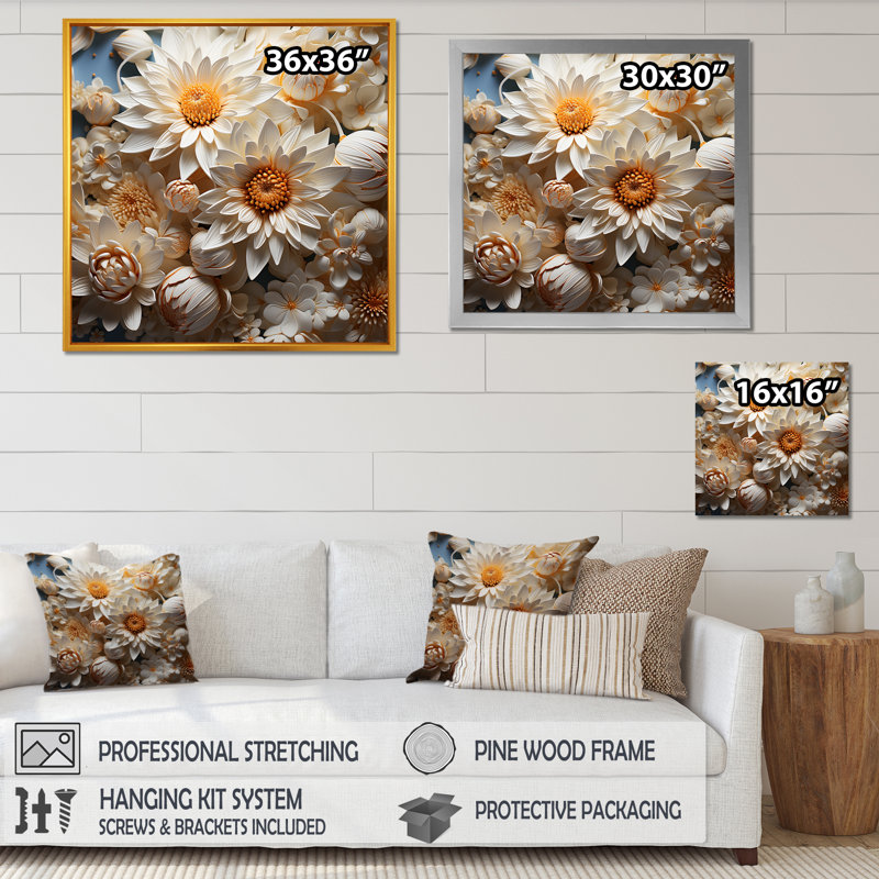 «White and Orange Daisy Efflorescence Waltz» sur toile imprimée, Cadre simple argenté, H 30 po x l 30 po x P 1 po