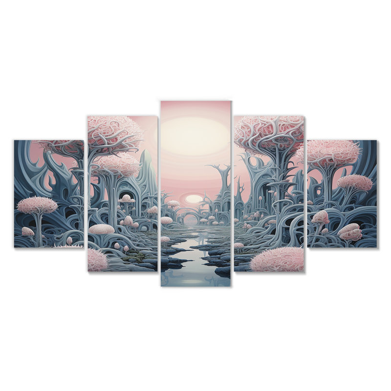 Cvetan - Art mural abstrait paysage 5 pièces, H 32 po x l 60 po