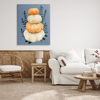 Citrouilles d'automne empilées, feuilles botaniques, fond bleu, estampe numérique encadrée, art texturé par Emma Caroline