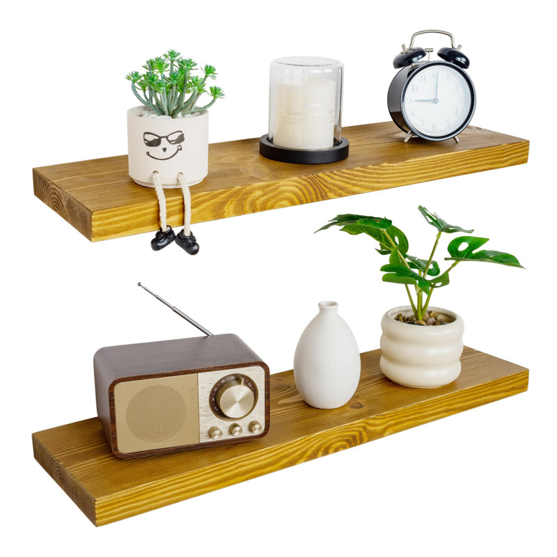 Solid Wood Floating Shelves，Rustic Wooden Wall Shelves, Yellow Brown, 1.25" H x 30" W x 6.7" D