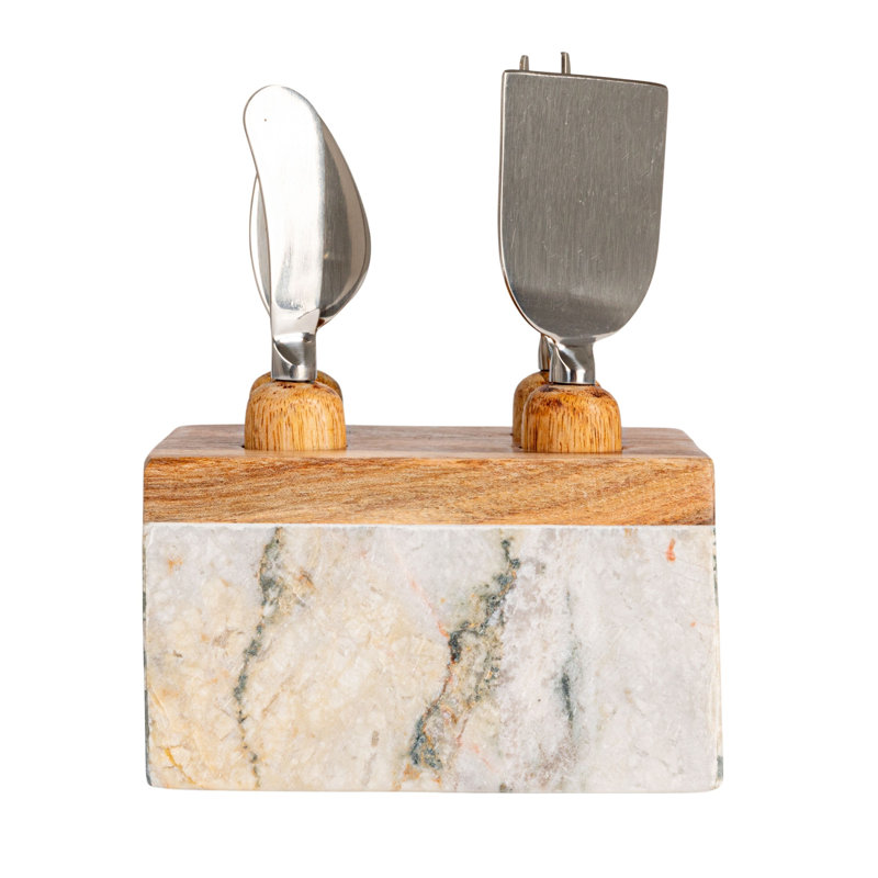 Marble Cheese Server Set With Mango Wood Stand, Black, Set Of 4