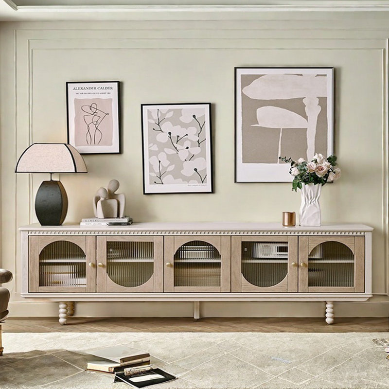 Cream style retro solid wood TV cabinet, 94.48"