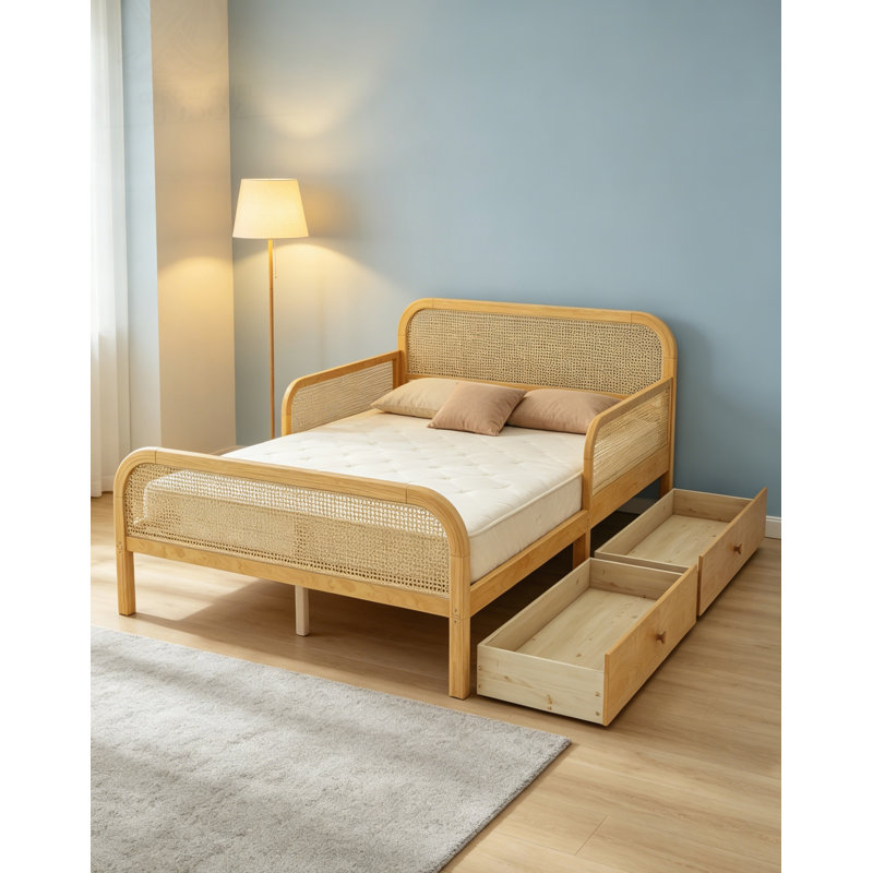Lit plateforme double en rotin et bois avec 2 tiroirs de rangement, tête de lit et pied de lit pour enfants, Natural