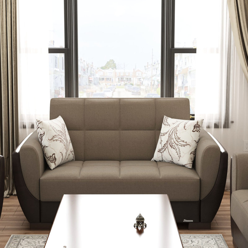 Convertible avec rangement, chenille en PU beige / brun. Tendance et multifonctionnel. Pour les petits salons. Fabriqué en Turquie. Supporte 600 lb Doublures de siège moelleuses. Nettoyer les taches préféré Chenille Pu.