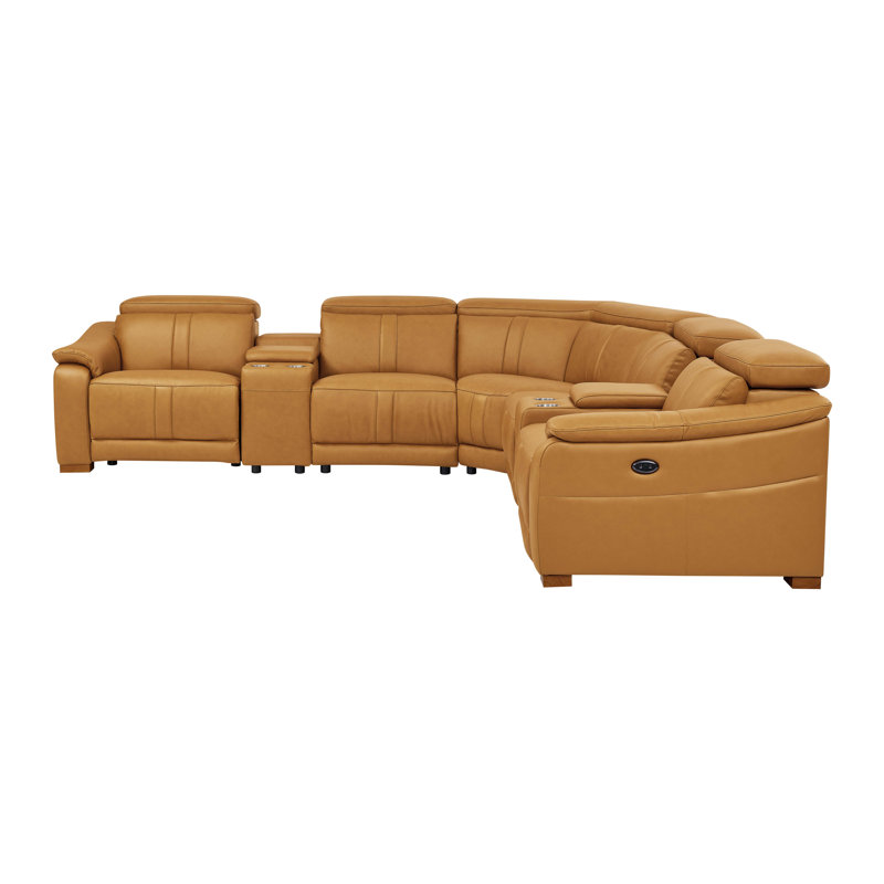 Berkhamsted Leather Recliner Theater Set, Ginger Leather Match, Brown Wood